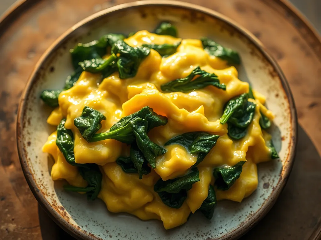 Silken Scrambled Eggs with Vibrant Wilted Spinach