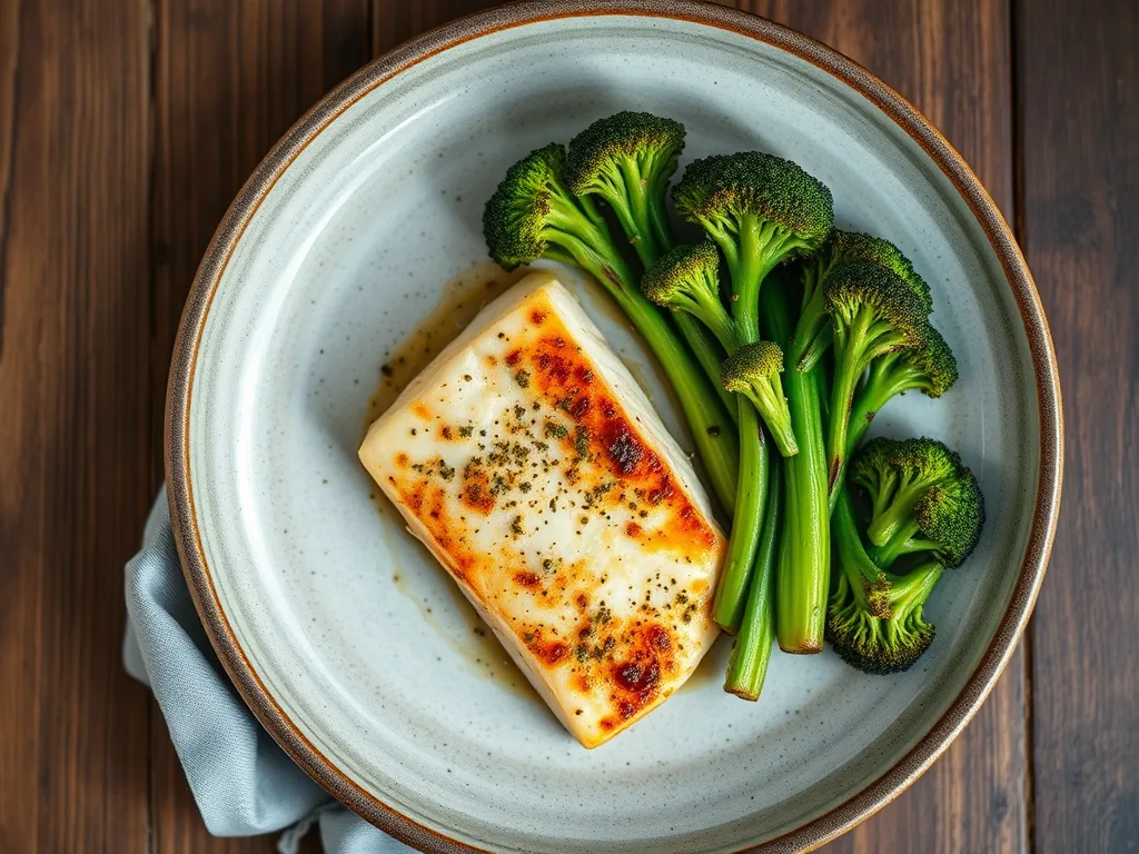 authentic Baked Halibut with Charred Garlic Broccoli
