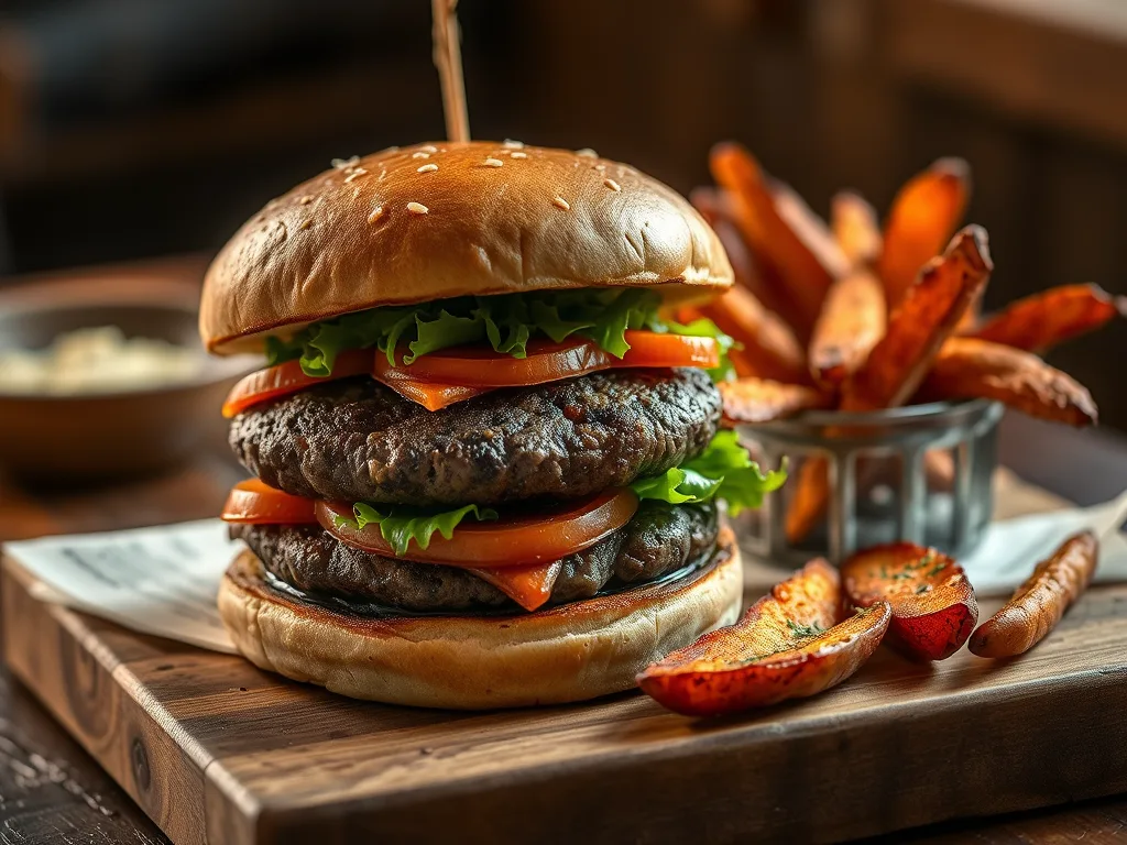 The Artisan Bison Burger: A stunning Feast with Roasted Sweet Potato