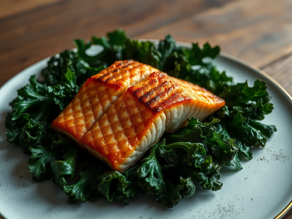 Pan-Seared Wild Salmon with Garlic-Wilted Kale