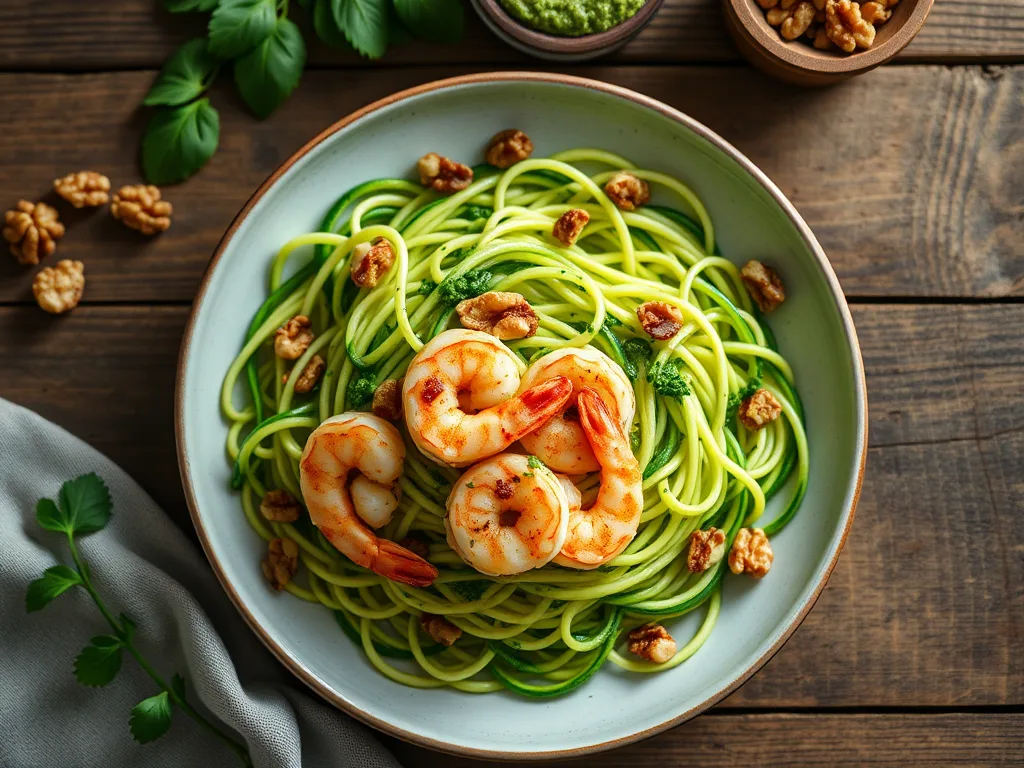Zucchini Noodles with Walnut Pesto and Succulent Shrimp