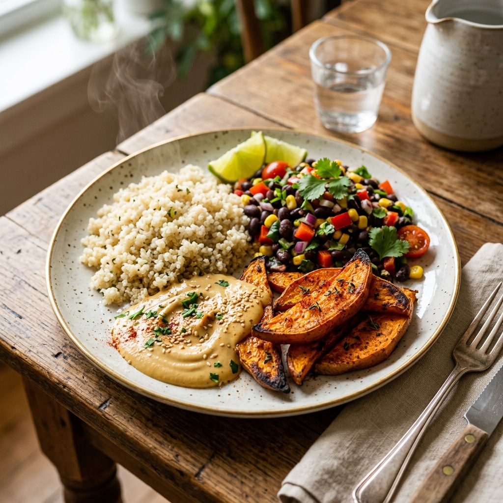 Balanced vegan protein plate featuring quinoa black beans roasted sweet potato and tahini