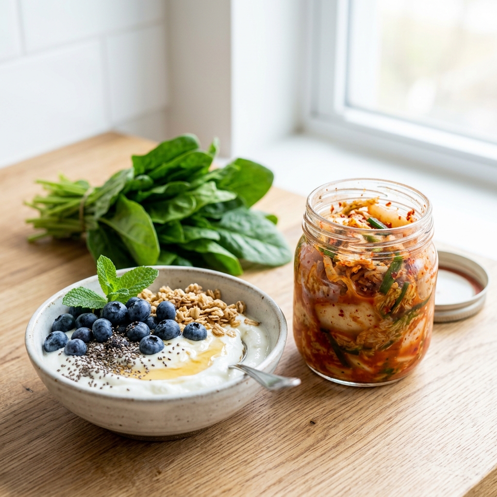 Fresh Mediterranean ingredients including gut healthy fermented foods berries and walnuts