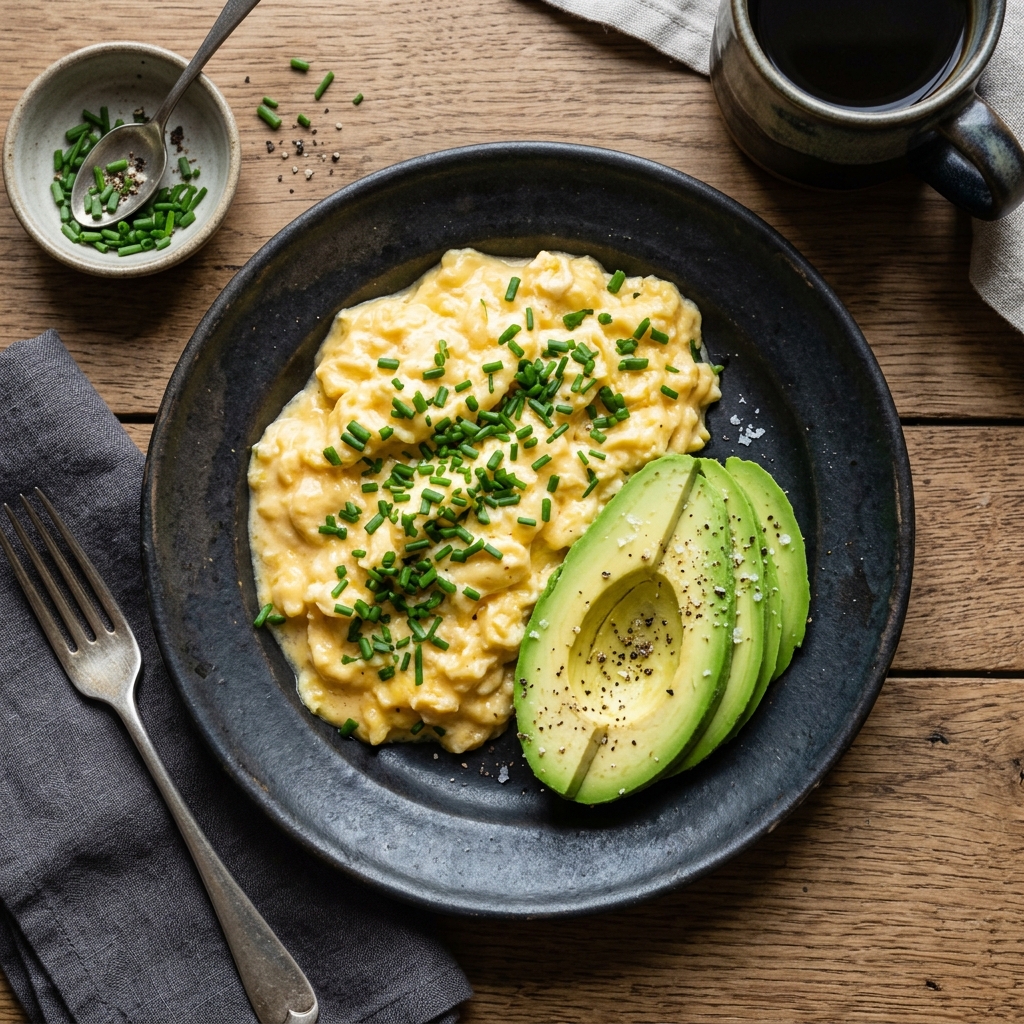 Creamy Scrambled Eggs with Fresh Chives and Avocado