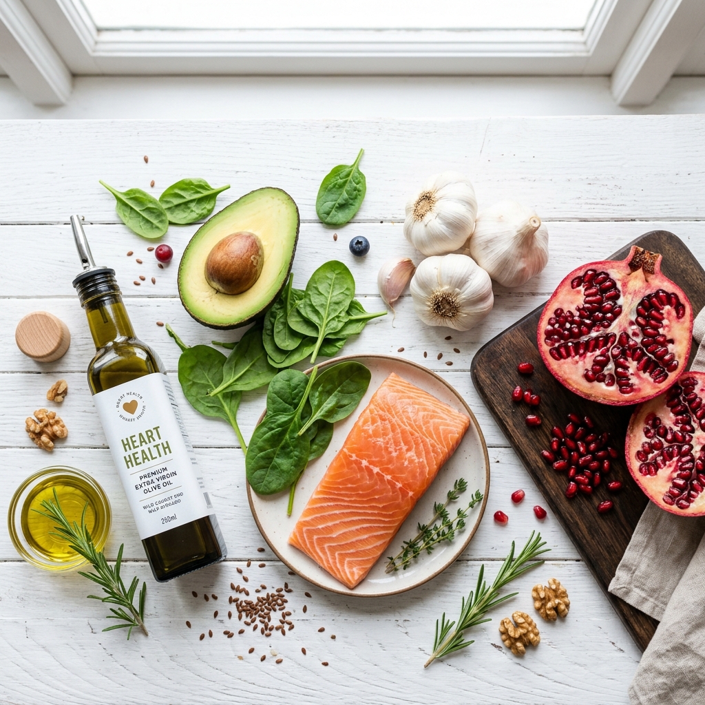 Extra virgin olive oil in a glass bottle next to fresh olives and heart-healthy walnuts