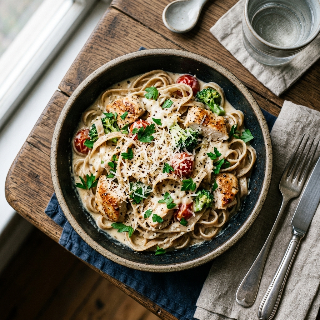 Healthy & Creamy Chicken Alfredo Pasta (High-Protein & Lower-Fat)
