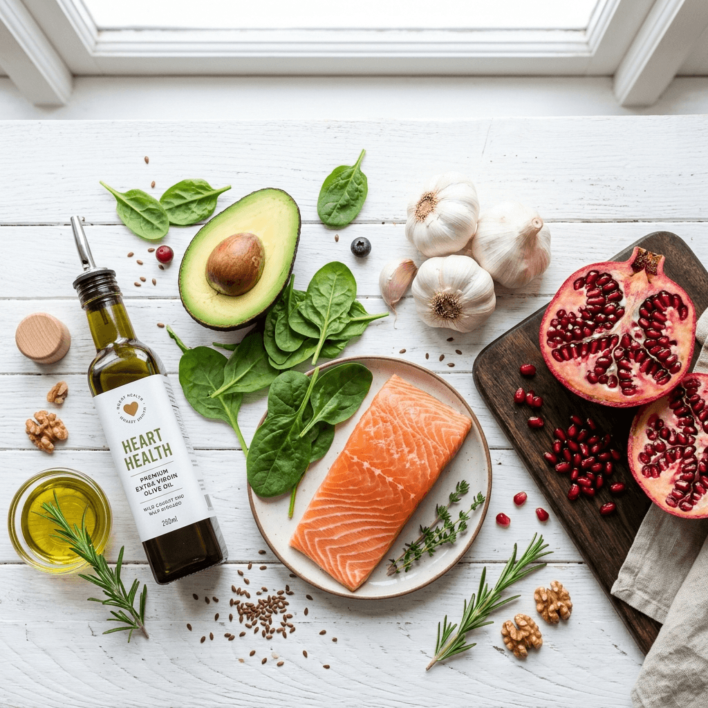 A vibrant flat-lay of heart-healthy foods including avocados, garlic, pomegranates, fatty fish, and olive oil on a wooden table