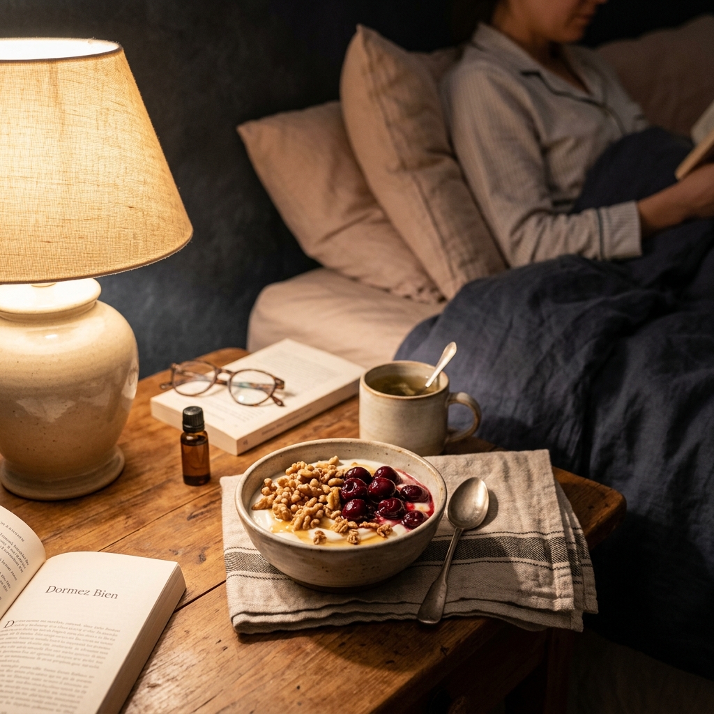 Cozy bedside setup with Greek yogurt walnuts and tart cherries