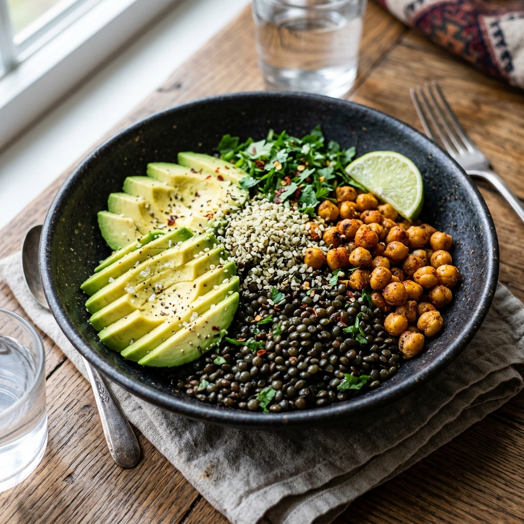 Nutritious grain bowl with beluga lentils roasted chickpeas avocado and hemp seeds