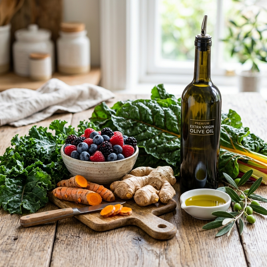 Vibrant Mediterranean diet spread featuring wild salmon olives fresh berries and leafy greens
