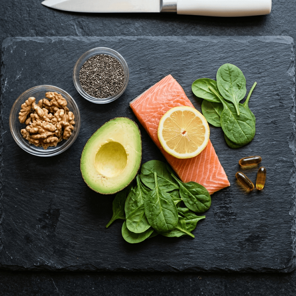 A clean layout of heart-healthy foods including wild salmon, walnuts, chia seeds, and fish oil capsules on a dark slate background.