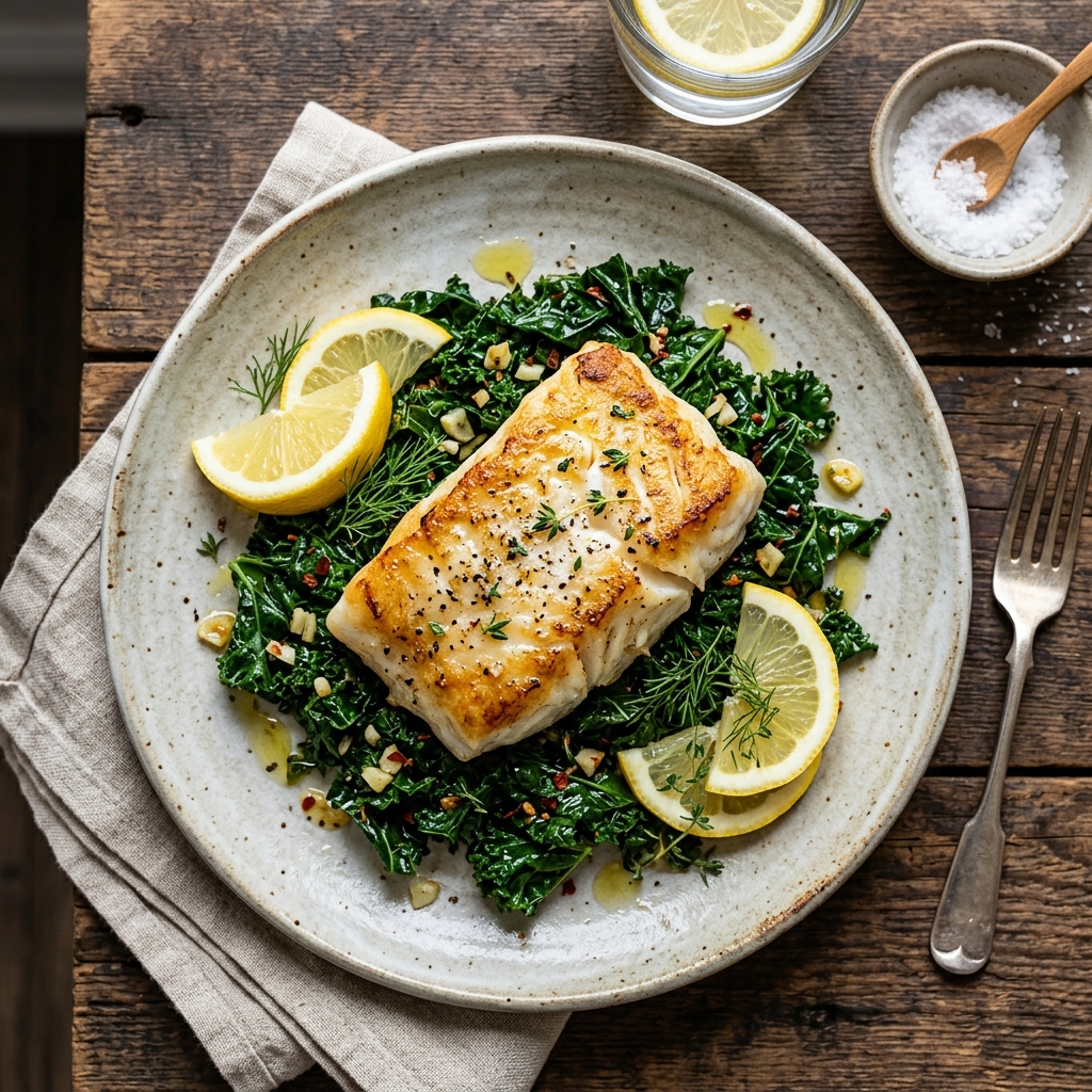 Pan-Seared White Fish with Garlic-Sautéed Kale