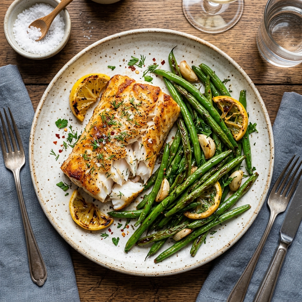 Simple Roasted Cod with Lemon-Garlic Green Beans