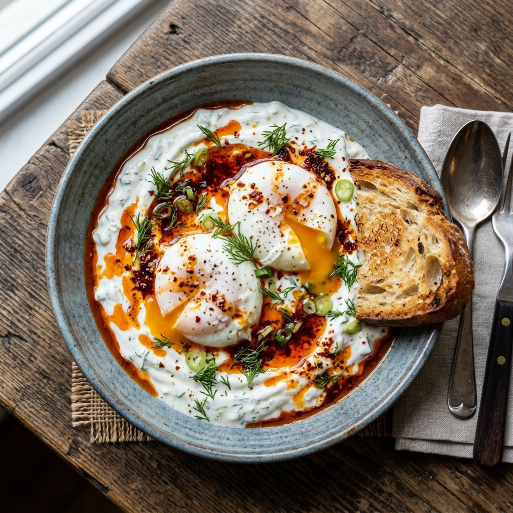 Traditional Turkish Eggs (Çılbır) with Garlic Yogurt & Aleppo Chili Oil